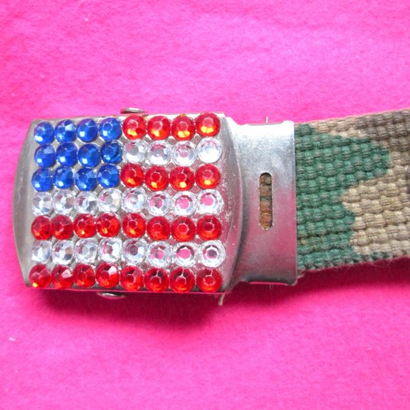 y2k 1990s vintage rhinestone camo flag belt size small medium - Picture 2 of 3
